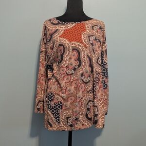 Liz Claiborne Rust and Navy Paisley Long-Sleeve Top